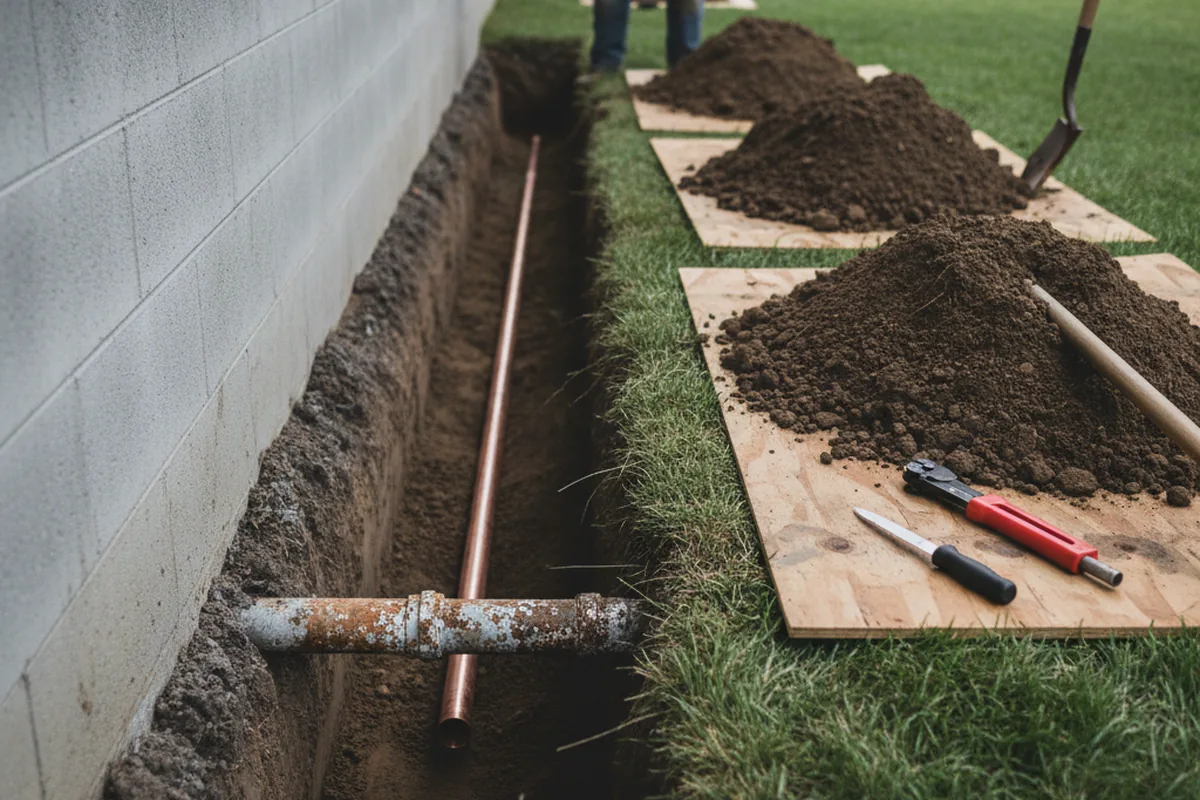 Excavated water line trench during Water Softener Installation in Escalon